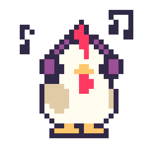 A chicken wearing headphones with musical notes floating beside it.
